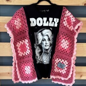 Pink Crochet Cardigan with Black Graphic Tee